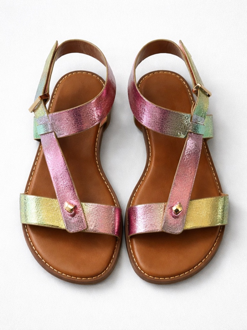 Women’s Metallic Rainbow Leather T-Strap Sandals
